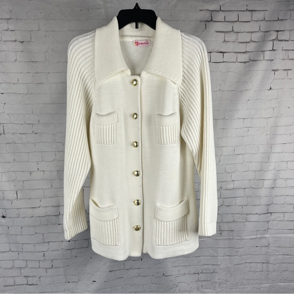 Vintage Collections Women's 38 Medium White Collared Cardigan Sweater Pockets - Picture 1 of 8